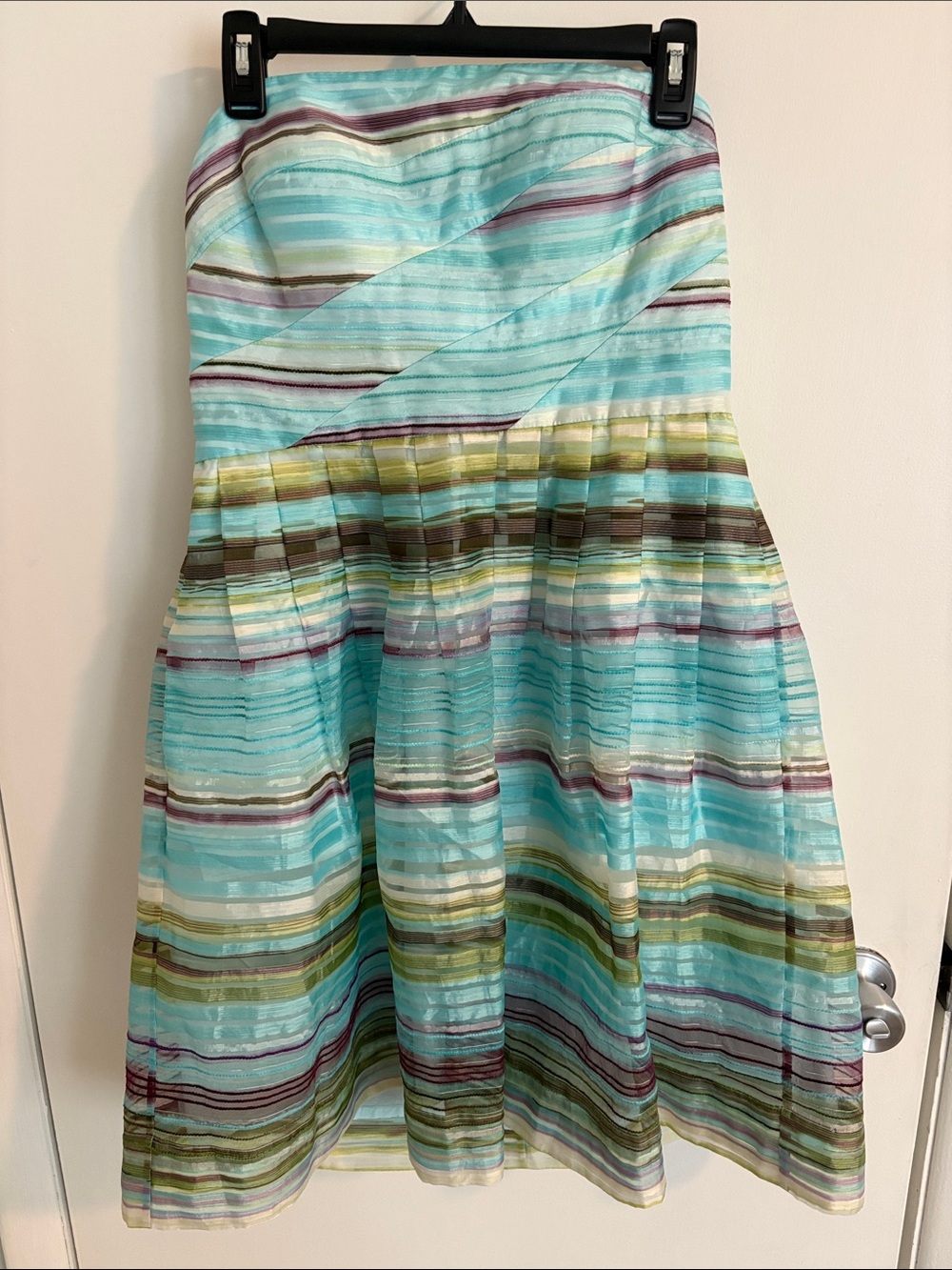 Donna Morgan Aqua Striped Strapless Fit & Flare Dress w/ Pockets
